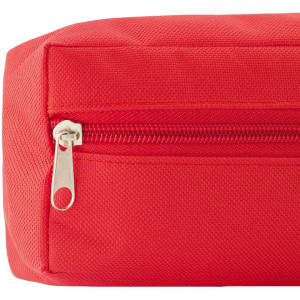 A red utility case featuring a zip closure and a textured fabric. It has a small logo on the surface.