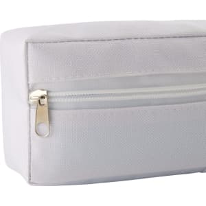 A white utility case featuring a zippered pocket and a textured fabric surface. It has a sleek, rectangular design.
