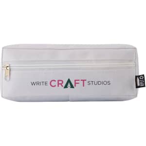 A white utility case with a front zip and a logo featuring 'WRITE CRAFT STUDIOS'.
