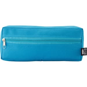 A bright blue utility case with a zippered compartment and a branding label on the side.