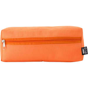 An orange utility case with a zippered compartment and a small logo on the side.