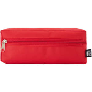 A red utility case with a zip closure and a branding label on the side.