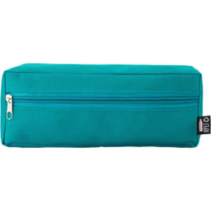 A teal utility case with a zip closure and a tag, featuring a rectangular design.