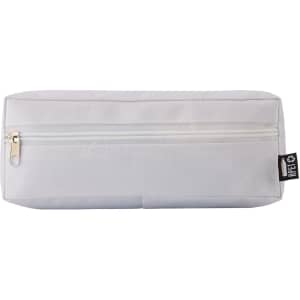 A white utility case with a zippered compartment and a small tag on the side.
