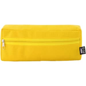 A yellow utility case with a zippered compartment and a branding label on one side.