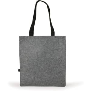 A gray felt tote bag with black handles, designed for carrying various items.