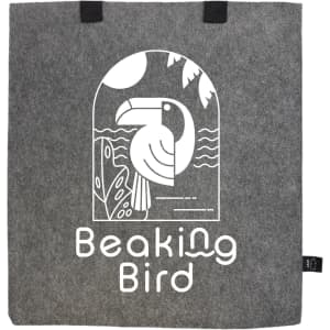 A grey tote bag made of RPET felt features a graphic of a bird and has two black handles, along with a logo.