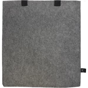 A grey felt tote bag with black handles and a small logo on the side.