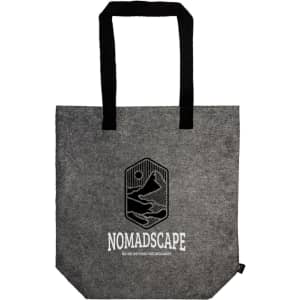A grey tote bag with black handles and a logo, featuring a minimalist design.