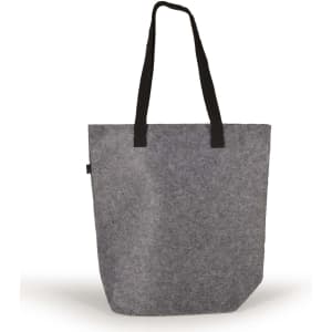 A gray felt tote bag featuring black handles and a structured design.