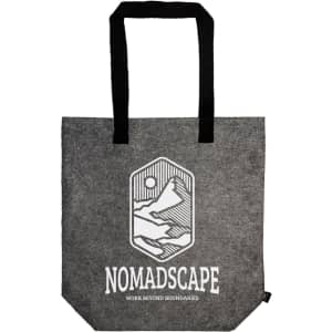 A grey tote bag with black handles and a logo featuring mountains and a sun. It has a gusset for added space.