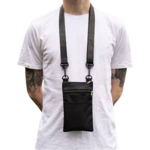 A black neck pouch with a strap, featuring a zippered pocket and additional mesh detailing.