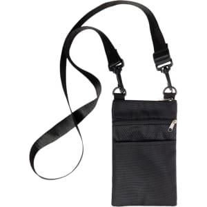 A black neck pouch with a long strap and multiple zippered compartments.