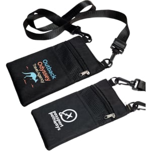 A black neck pouch with a strap, featuring two zippered compartments and logos on the front.