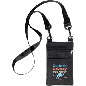 A black neck pouch with a strap, featuring a zip pocket and a logo on the front.