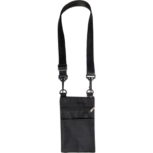 A black neck pouch with a strap and a zippered pocket, featuring a mesh overlay on the front.
