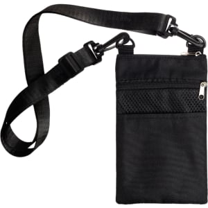 A black neck pouch with a strap, featuring a zippered pocket and a mesh compartment. It has a logo on the front.