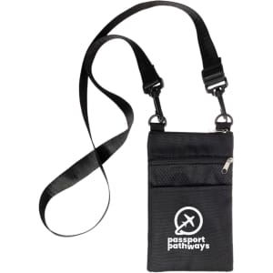 A black neck pouch with a logo, featuring a strap and zipper pocket. Ideal for carrying small items.