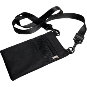 A black neck pouch featuring a large compartment and a mesh pocket, complete with a detachable strap for easy carrying.