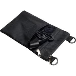 A black neck pouch with a textured pocket, featuring two clips and a zipper closure. It has a simple design.