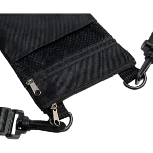 A black Wallaby Neck Pouch features multiple zippered compartments and durable clips for attachment.