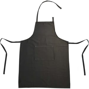 A black recycled cotton apron with adjustable neck and waist straps, featuring a front pocket.