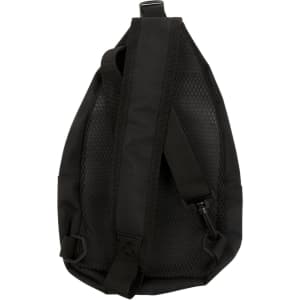 A black Sling RPET Travel Bag with a textured surface and adjustable straps. It features a logo.