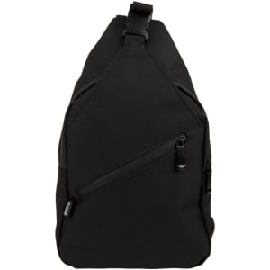 A black Sling RPET travel bag with a front pocket and adjustable strap. It features a logo on the side.