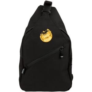 A black Sling RPET travel bag with a front zip pocket and a logo displayed.