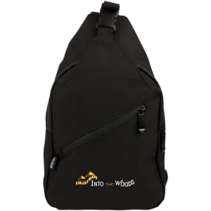 A black Sling RPET travel bag featuring a front zip pocket and a logo.