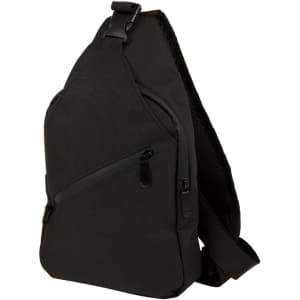 A black Sling RPET travel bag with a single strap and multiple zippered compartments. Features a logo on the exterior.