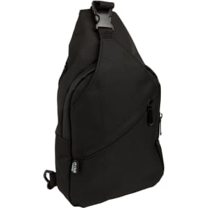 A black Sling RPET travel bag with a single shoulder strap and zipper pockets, featuring a logo.