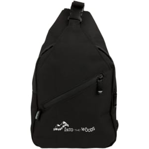 A black Sling RPET travel bag with a zippered pocket and a logo on the front.