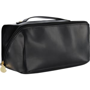 A black toiletry bag with a zipper, featuring a handle on top and a simple design. It has a logo on the side.