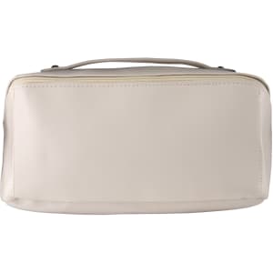 A cream-coloured toiletry bag with a zipper closure and a carrying handle, featuring a logo on the side.
