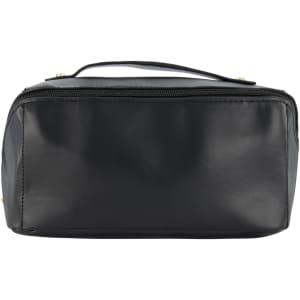 A black toiletry bag with a zip closure and a carrying handle, featuring a logo on the front.