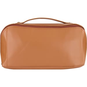 A tan toiletry bag with a zipped closure and handle, featuring a smooth finish and a simple design.