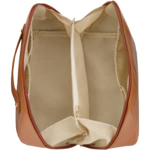 A tan toiletry bag with a zip closure featuring a cream interior and two compartments for organizing essentials.