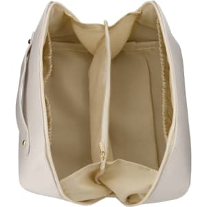 A cream-coloured toiletry bag with a spacious interior featuring multiple compartments and a zippered section.