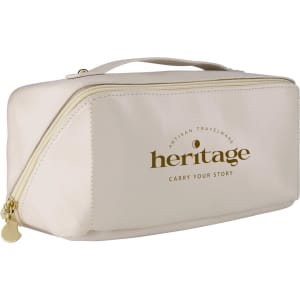 A cream toiletry bag with a gold logo, featuring a zip closure and a handle for easy carrying.