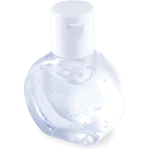 A clear bottle of hand sanitiser with a white flip-top cap, featuring a smooth, curved design.