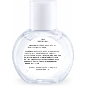 A clear, round bottle of hand sanitiser containing 35ml, with visible gel and a logo on the front.