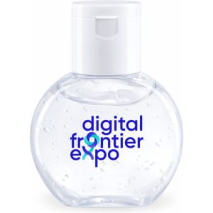 A clear bottle of hand sanitiser with a rounded shape, containing a gel-like substance. It features a logo on the front.