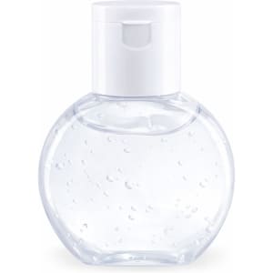 A clear, round bottle of gel hand sanitiser with a white pump top. The gel contains small bubbles.