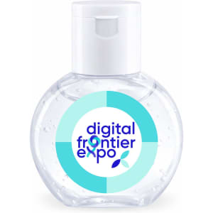 A clear gel hand sanitiser in a round bottle with a white pump lid. It features a logo on the front.