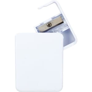 A rectangular pencil sharpener in white, featuring a metal blade and a removable top.