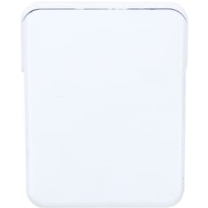 A rectangular pencil sharpener in a white color, featuring a sleek design and a simple logo on the front.