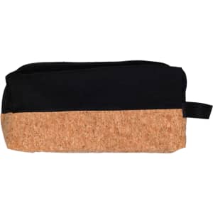 A utility pouch in black fabric with a cork bottom. The pouch features a zipper closure and a small handle on the side.