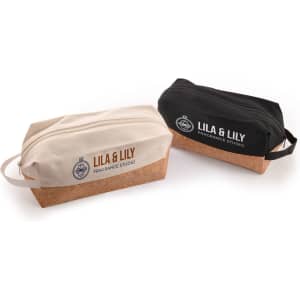 Two utility pouches, one beige and one black, featuring a cork bottom and a logo on each.