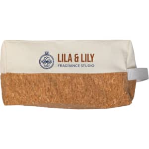 A cotton pouch with a cork bottom, featuring a logo, primarily in beige and brown tones.